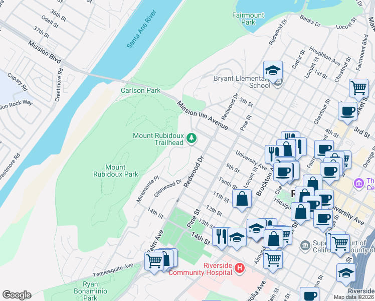 map of restaurants, bars, coffee shops, grocery stores, and more near 4640 9th Street in Riverside