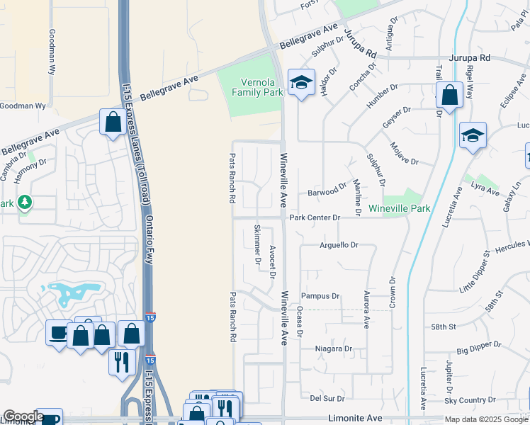 map of restaurants, bars, coffee shops, grocery stores, and more near 11836 Crossbill Way in Jurupa Valley