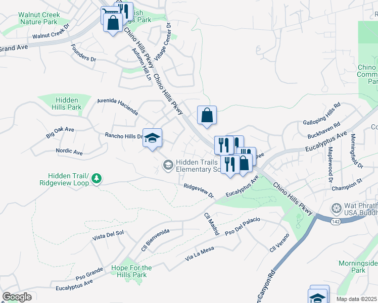 map of restaurants, bars, coffee shops, grocery stores, and more near 2440 Moon Dust Drive in Chino Hills