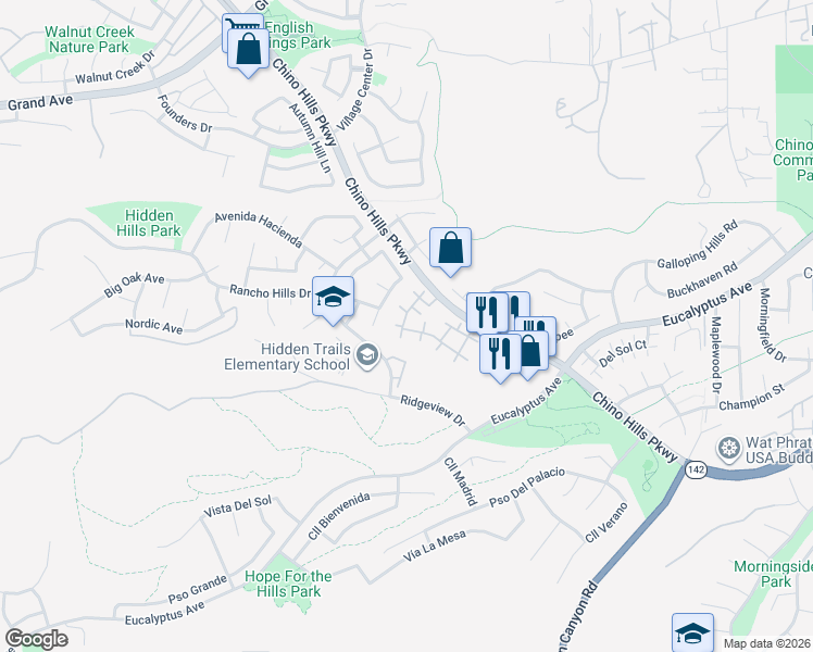 map of restaurants, bars, coffee shops, grocery stores, and more near 2440 Moon Dust Drive in Chino Hills