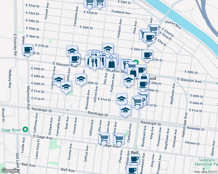 map of restaurants, bars, coffee shops, grocery stores, and more near 4214 East 60th Street in Huntington Park