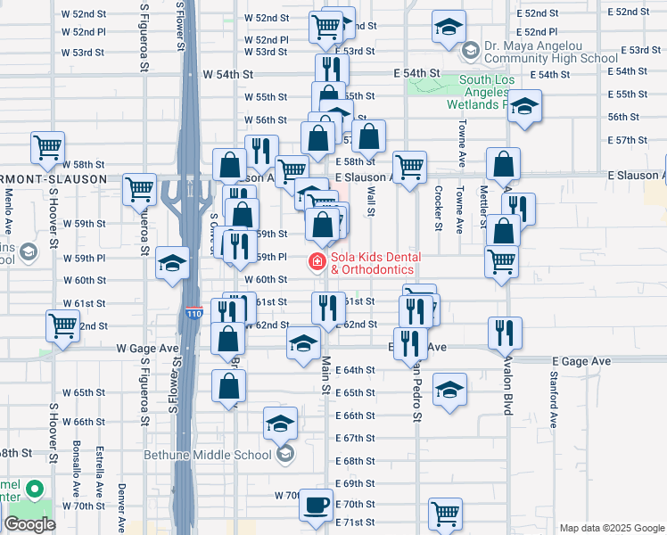 map of restaurants, bars, coffee shops, grocery stores, and more near 5962 South Main Street in Los Angeles