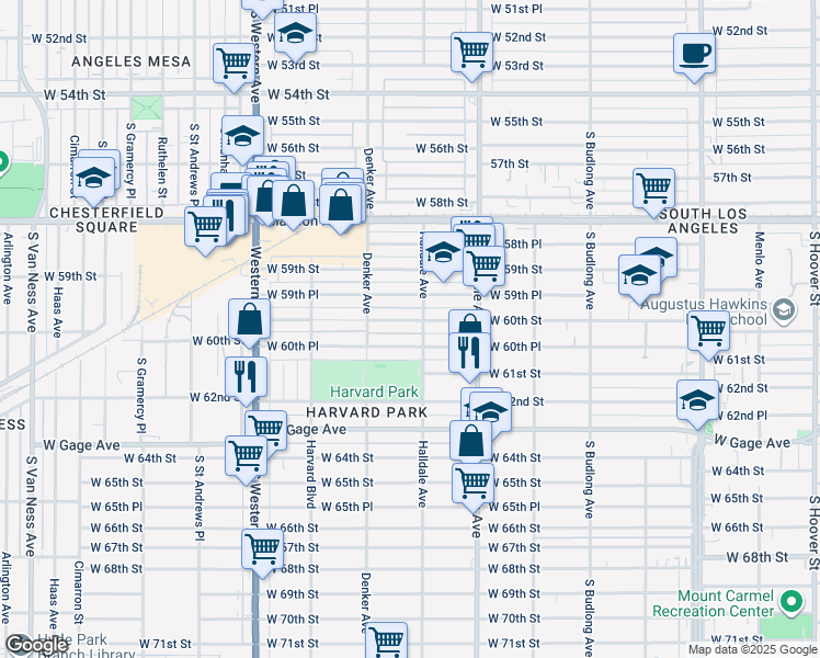 map of restaurants, bars, coffee shops, grocery stores, and more near 1528 West 60th Street in Los Angeles