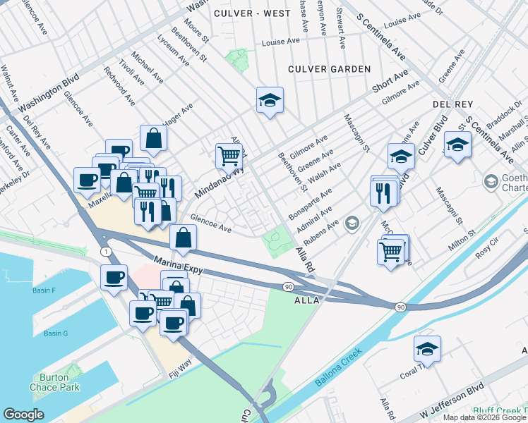 map of restaurants, bars, coffee shops, grocery stores, and more near 4646 Glencoe Avenue in Marina del Rey