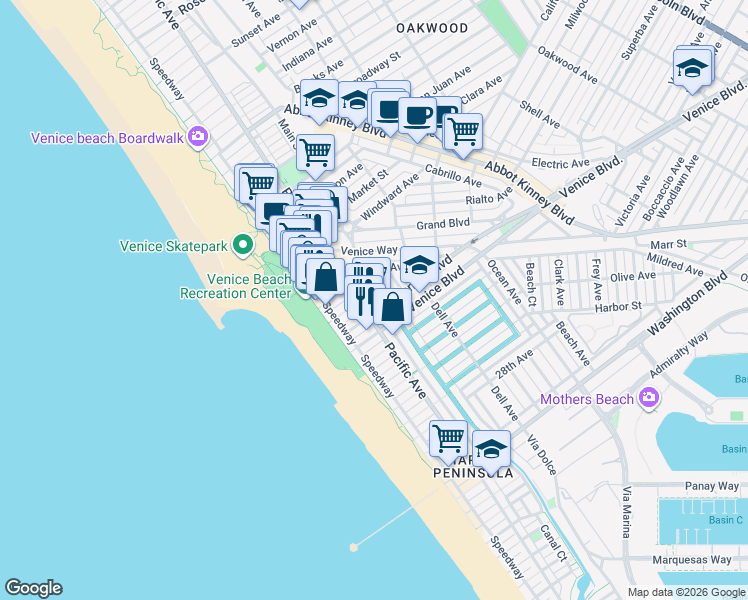 map of restaurants, bars, coffee shops, grocery stores, and more near in Los Angeles