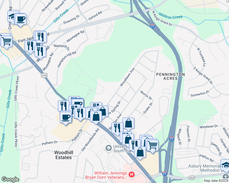map of restaurants, bars, coffee shops, grocery stores, and more near 937 Woodlawn Avenue in Columbia