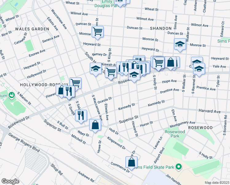 map of restaurants, bars, coffee shops, grocery stores, and more near 416 Graymont Avenue in Columbia