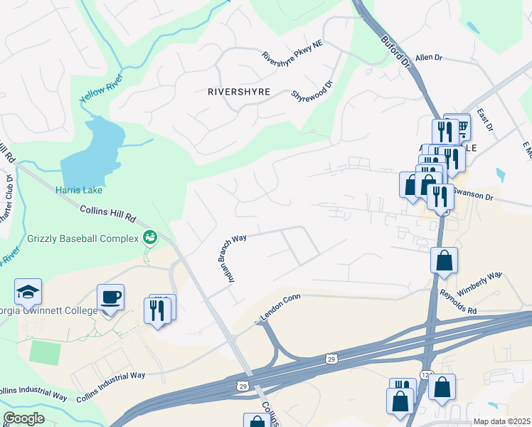 map of restaurants, bars, coffee shops, grocery stores, and more near 939 Nickel Plate Run Northeast in Lawrenceville
