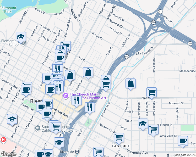 map of restaurants, bars, coffee shops, grocery stores, and more near 3332 2nd Street in Riverside