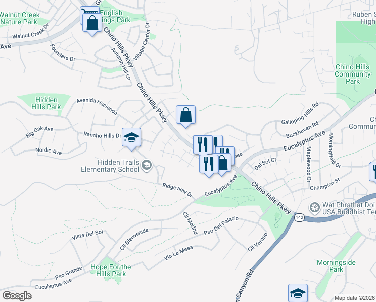 map of restaurants, bars, coffee shops, grocery stores, and more near 2484 Sundial Drive in Chino Hills