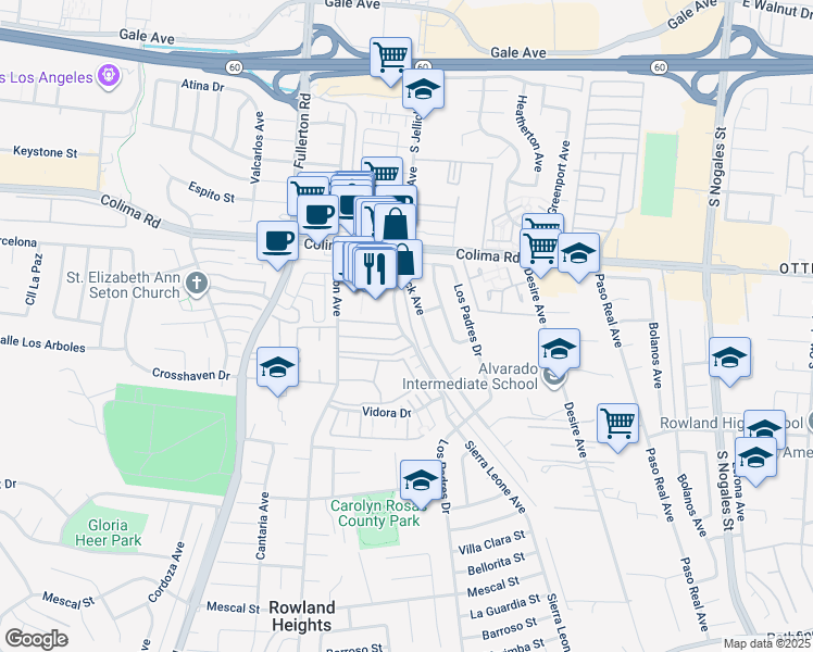 map of restaurants, bars, coffee shops, grocery stores, and more near 1818 Sierra Leone Avenue in Rowland Heights