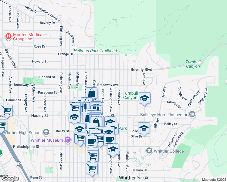 map of restaurants, bars, coffee shops, grocery stores, and more near 6222 Washington Avenue in Whittier