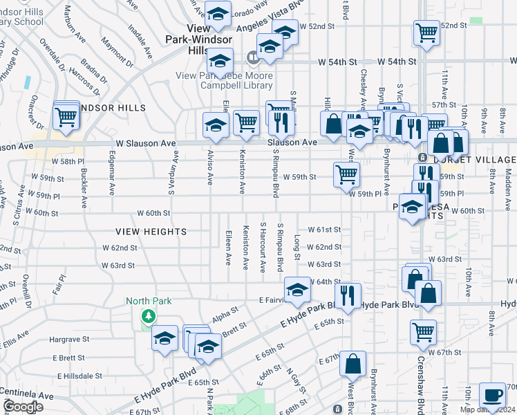 map of restaurants, bars, coffee shops, grocery stores, and more near 3831 West 60th Street in Los Angeles