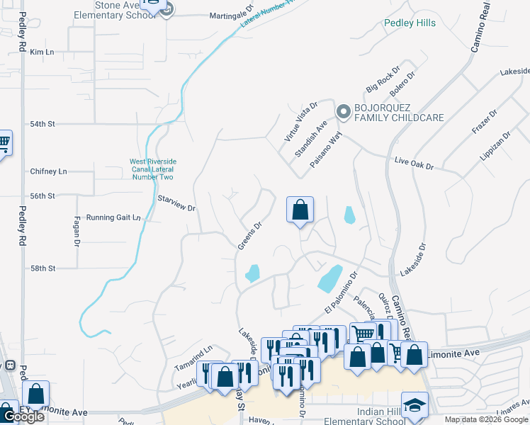 map of restaurants, bars, coffee shops, grocery stores, and more near 5650 Greens Drive in Riverside