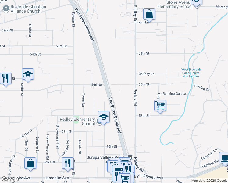 map of restaurants, bars, coffee shops, grocery stores, and more near 5655 Claubert Court in Riverside