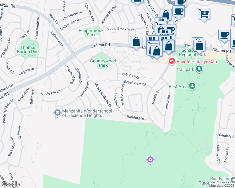 map of restaurants, bars, coffee shops, grocery stores, and more near 2205 Moon View Drive in Hacienda Heights