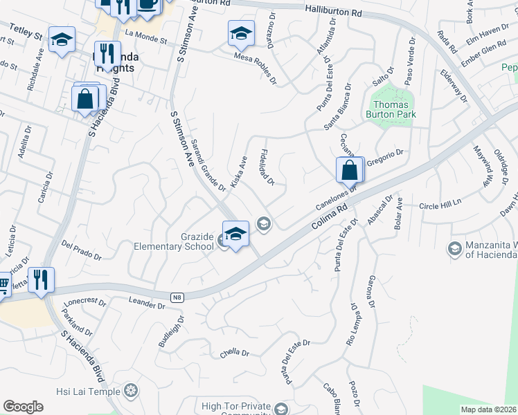 map of restaurants, bars, coffee shops, grocery stores, and more near 2756 Sarandi Grande Drive in Hacienda Heights
