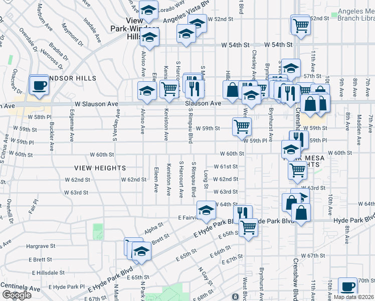 map of restaurants, bars, coffee shops, grocery stores, and more near 3751 West 60th Street in Los Angeles