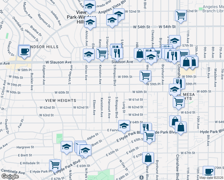 map of restaurants, bars, coffee shops, grocery stores, and more near 3831 West 60th Street in Los Angeles