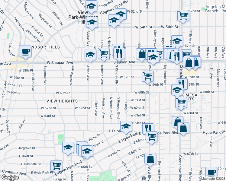 map of restaurants, bars, coffee shops, grocery stores, and more near 3831 West 60th Street in Los Angeles