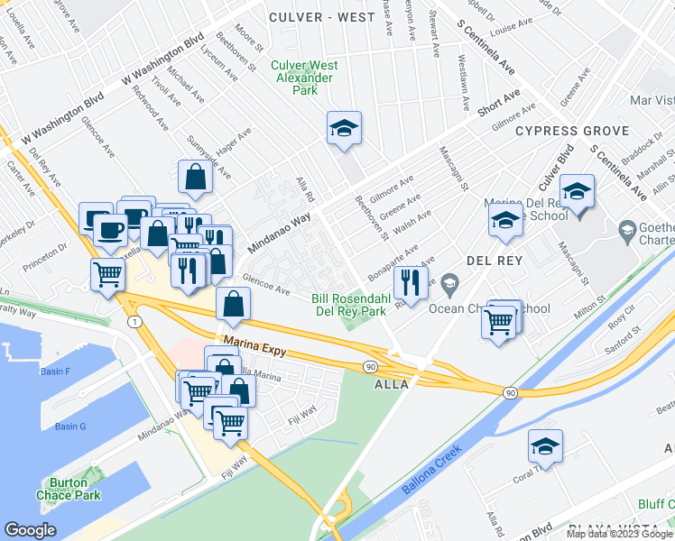 map of restaurants, bars, coffee shops, grocery stores, and more near 4646 Glencoe Avenue in Marina del Rey