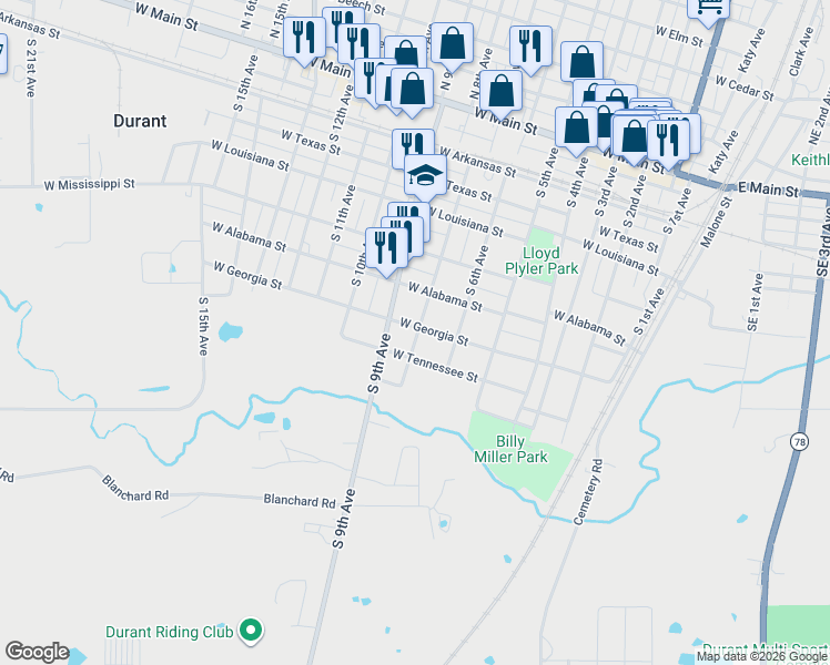 map of restaurants, bars, coffee shops, grocery stores, and more near 705 West Georgia Street in Durant