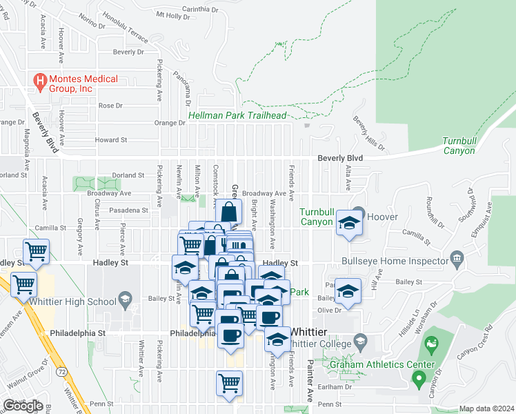 map of restaurants, bars, coffee shops, grocery stores, and more near 6222 Bright Avenue in Whittier