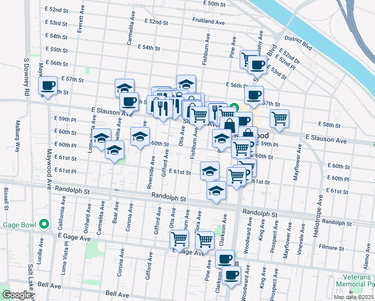 map of restaurants, bars, coffee shops, grocery stores, and more near 4214 East 60th Street in Huntington Park