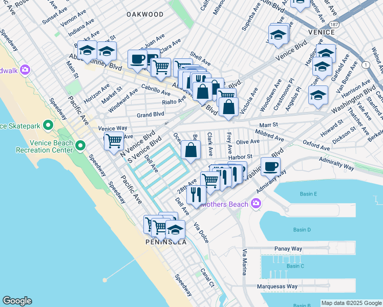 map of restaurants, bars, coffee shops, grocery stores, and more near 2403 Ocean Avenue in Los Angeles