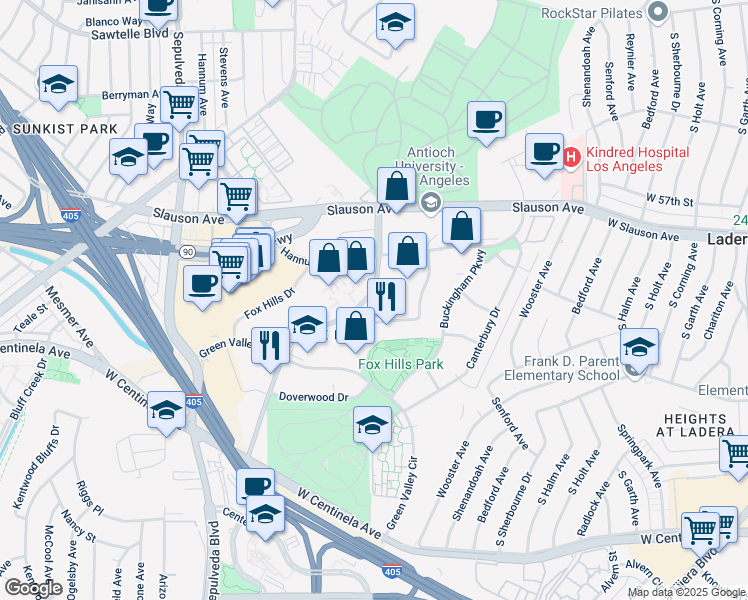 map of restaurants, bars, coffee shops, grocery stores, and more near 6070 Bristol Parkway in Culver City