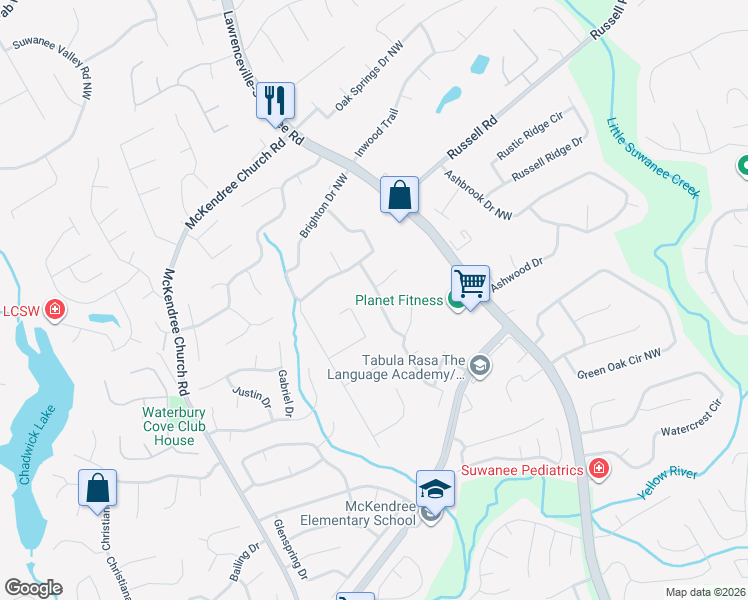 map of restaurants, bars, coffee shops, grocery stores, and more near 1455 Claredon Drive Northwest in Lawrenceville