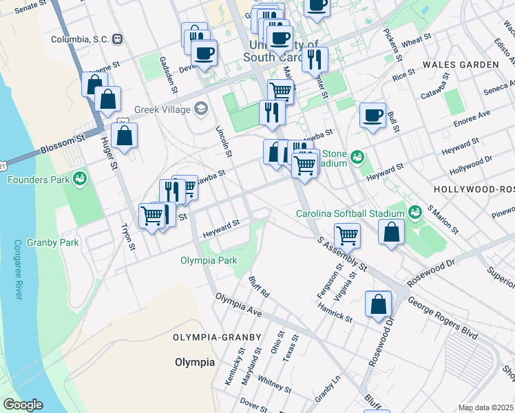 map of restaurants, bars, coffee shops, grocery stores, and more near 12 Cottonplace Lane in Columbia