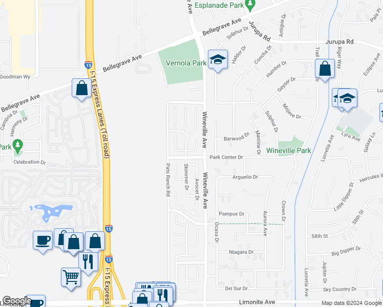 map of restaurants, bars, coffee shops, grocery stores, and more near 11836 Crossbill Way in Jurupa Valley