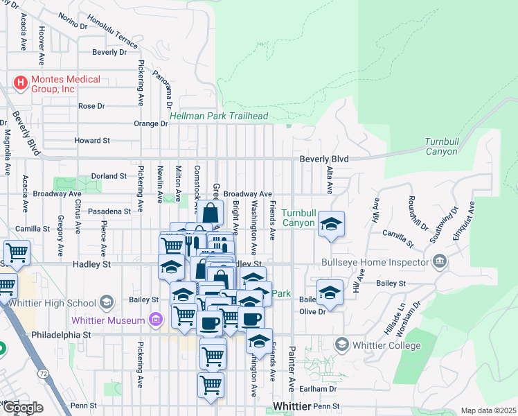 map of restaurants, bars, coffee shops, grocery stores, and more near 6222 Washington Avenue in Whittier