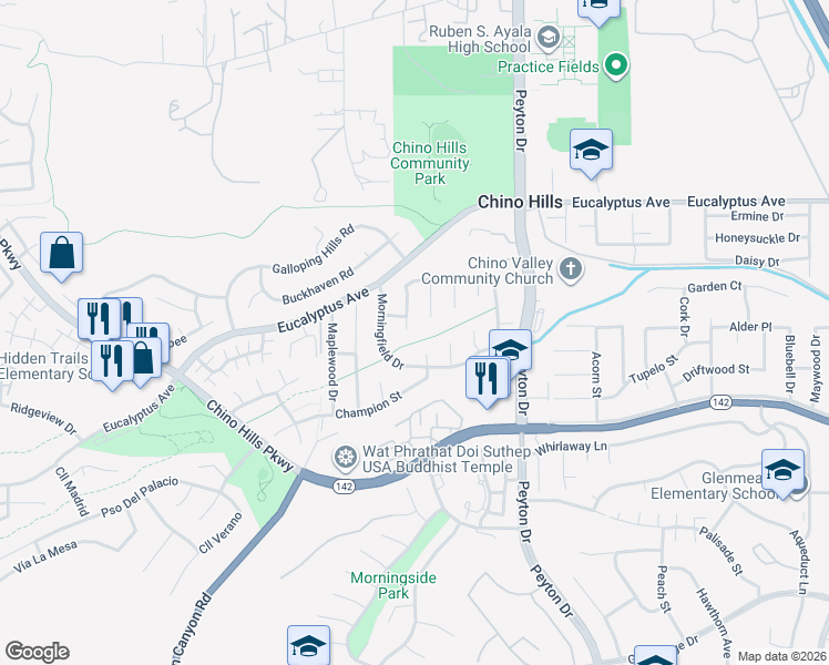 map of restaurants, bars, coffee shops, grocery stores, and more near 14747 Hiddenspring Circle in Chino Hills
