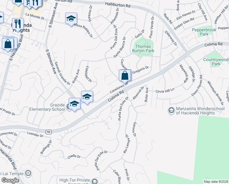 map of restaurants, bars, coffee shops, grocery stores, and more near 16340 Canelones Drive in Hacienda Heights