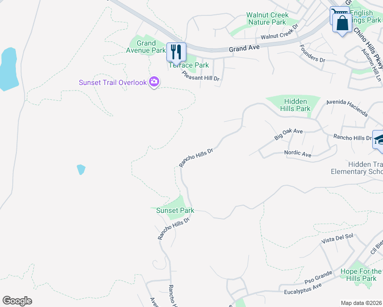 map of restaurants, bars, coffee shops, grocery stores, and more near 1568 Rancho Hills Drive in Chino Hills