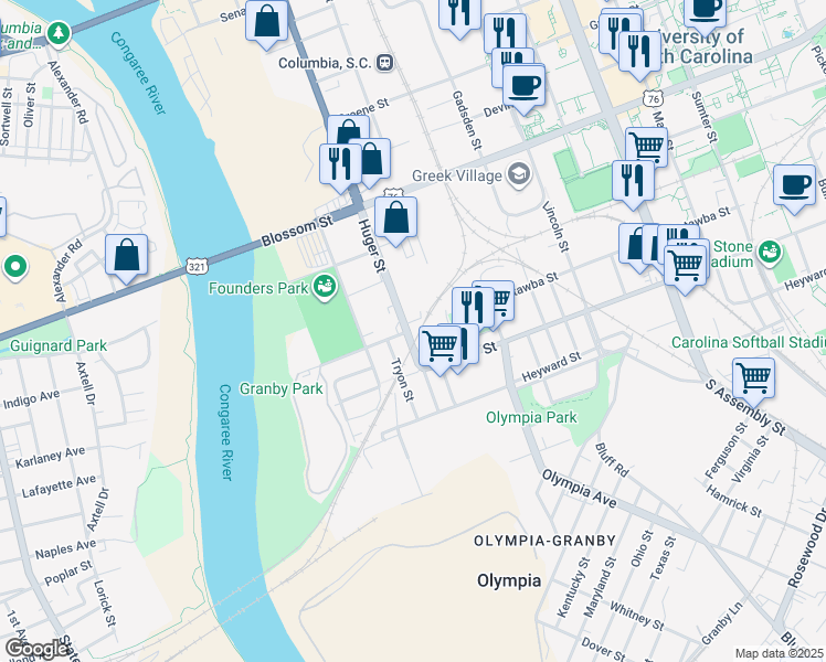 map of restaurants, bars, coffee shops, grocery stores, and more near 230 Huger Street in Columbia