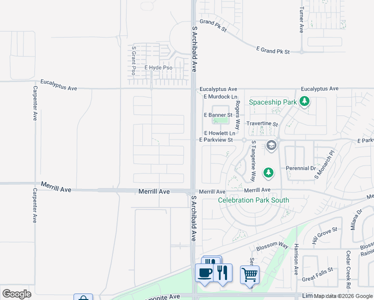 map of restaurants, bars, coffee shops, grocery stores, and more near 4835 South Cora Way in Ontario