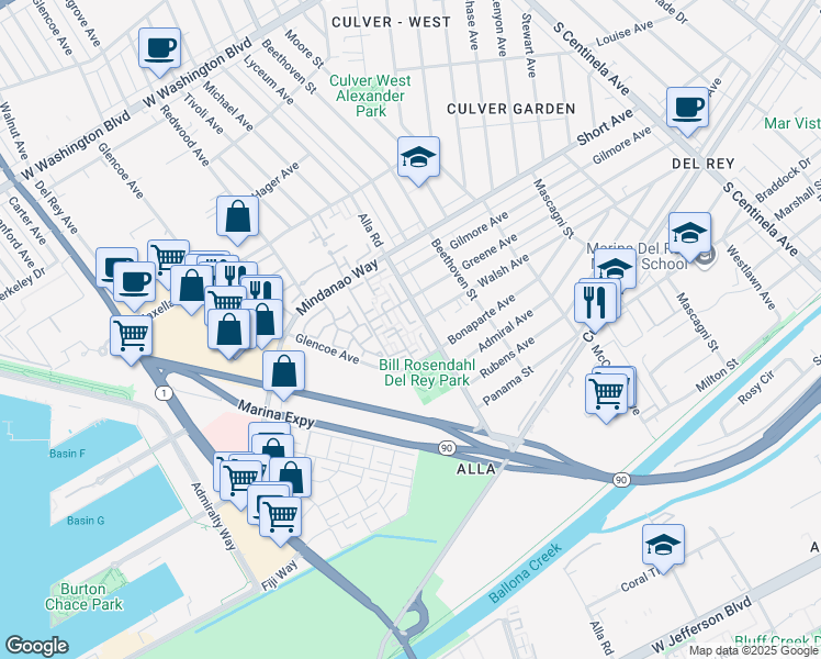 map of restaurants, bars, coffee shops, grocery stores, and more near 4646 Glencoe Avenue in Marina del Rey