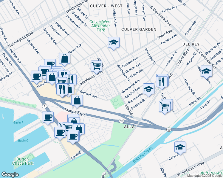 map of restaurants, bars, coffee shops, grocery stores, and more near 4609 Alla Road in Marina del Rey