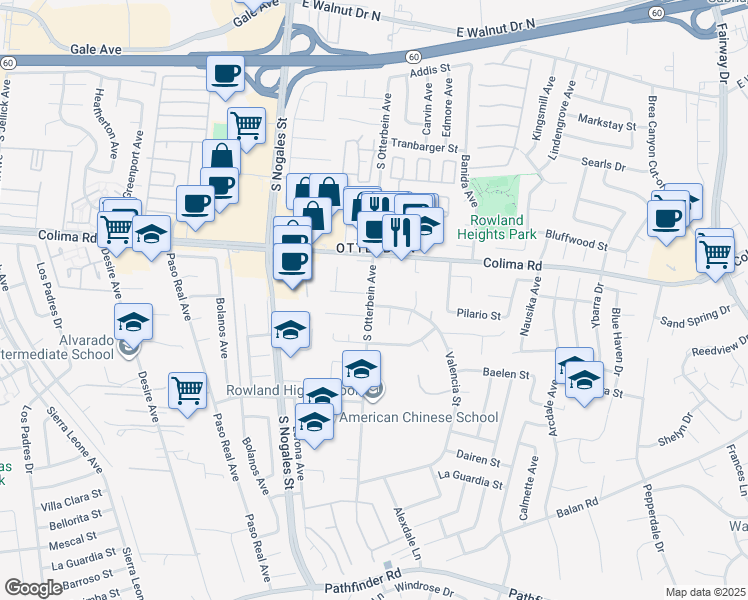 map of restaurants, bars, coffee shops, grocery stores, and more near 1802 Valencia Street in Rowland Heights