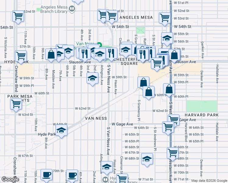 map of restaurants, bars, coffee shops, grocery stores, and more near 5959 Haas Avenue in Los Angeles