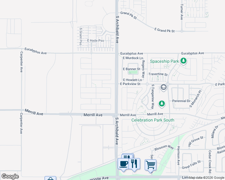 map of restaurants, bars, coffee shops, grocery stores, and more near 4835 South Cora Way in Ontario