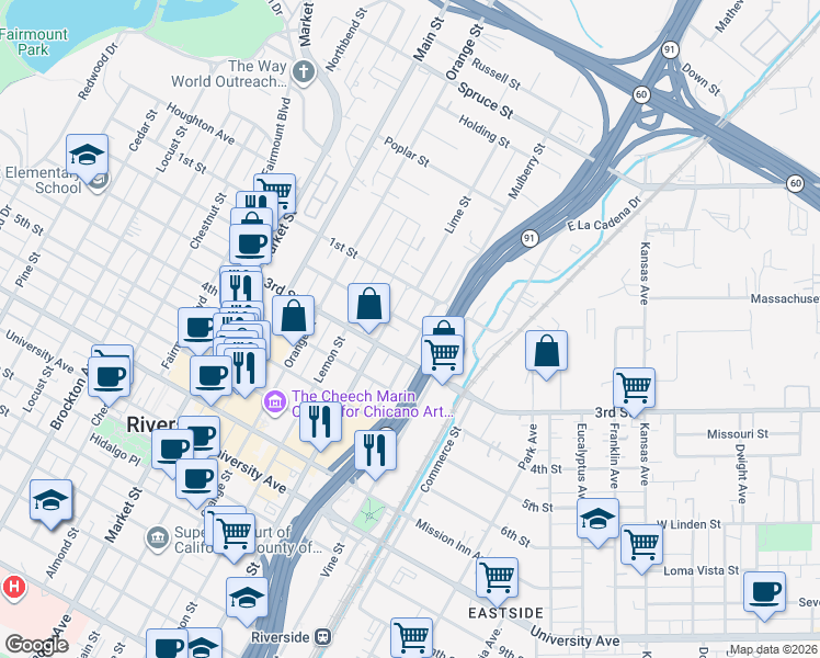 map of restaurants, bars, coffee shops, grocery stores, and more near 3332 2nd Street in Riverside