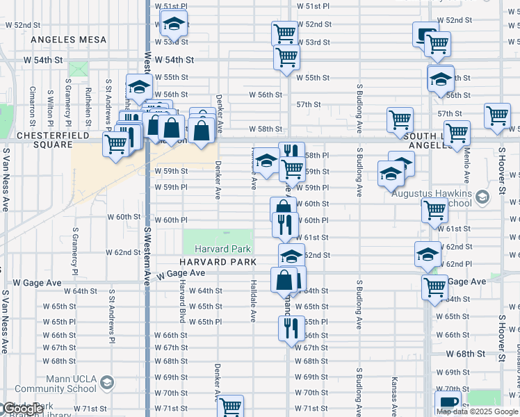 map of restaurants, bars, coffee shops, grocery stores, and more near 1452 West 60th Street in Los Angeles