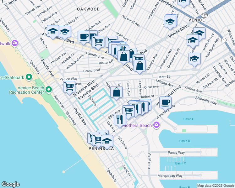 map of restaurants, bars, coffee shops, grocery stores, and more near 2412 Ocean Avenue in Los Angeles
