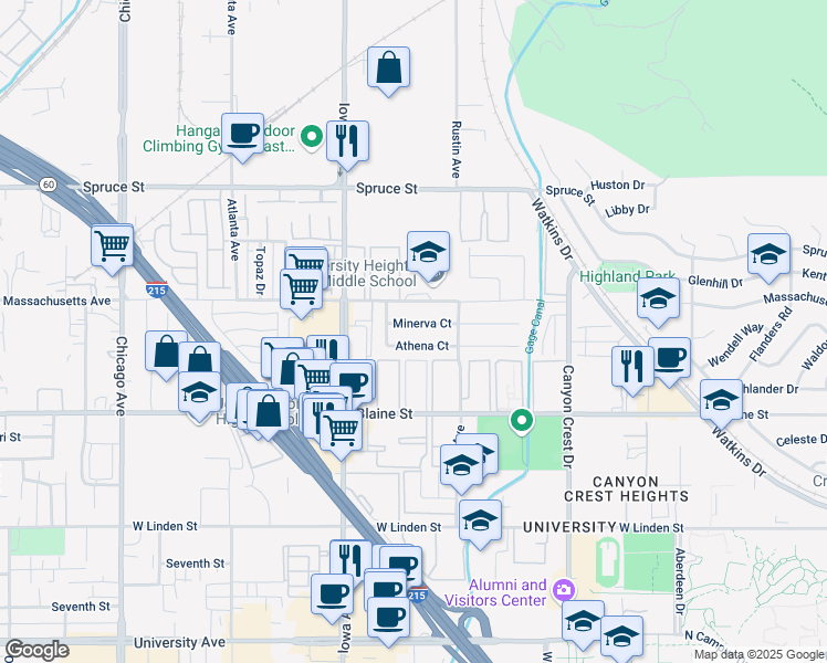 map of restaurants, bars, coffee shops, grocery stores, and more near 1158 Minerva Court in Riverside
