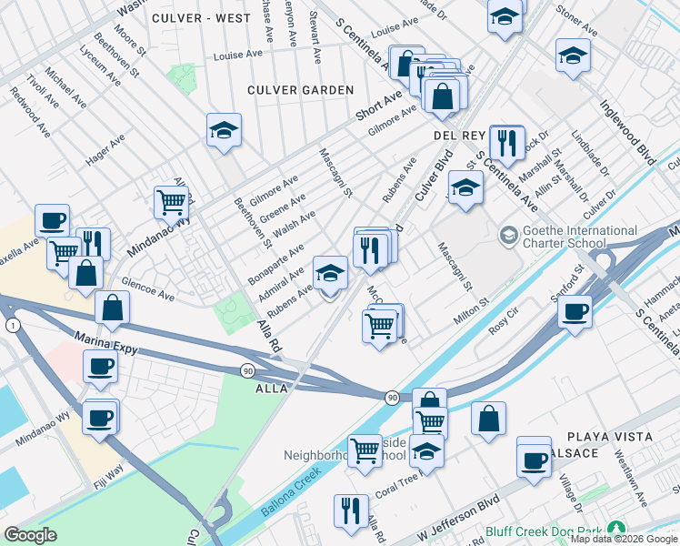 map of restaurants, bars, coffee shops, grocery stores, and more near 12820 Rubens Avenue in Los Angeles