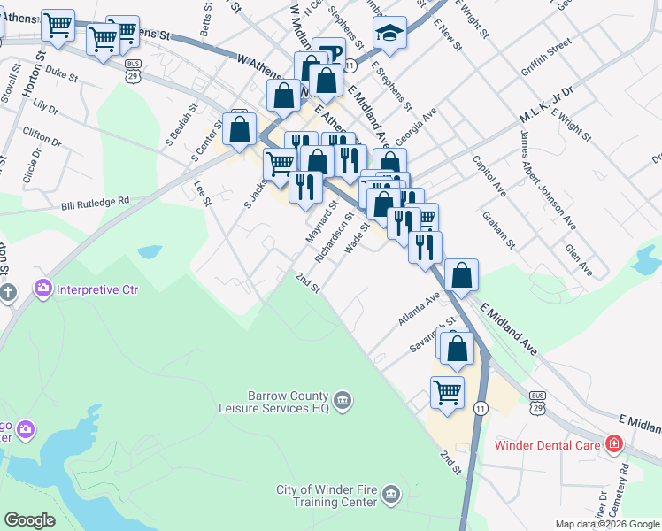 map of restaurants, bars, coffee shops, grocery stores, and more near 53 Wade Street in Winder